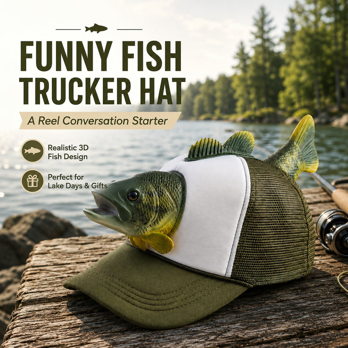 Funny 3D Bass Fish Trucker Hat – Unique Gift for Dads & Fishing Lovers