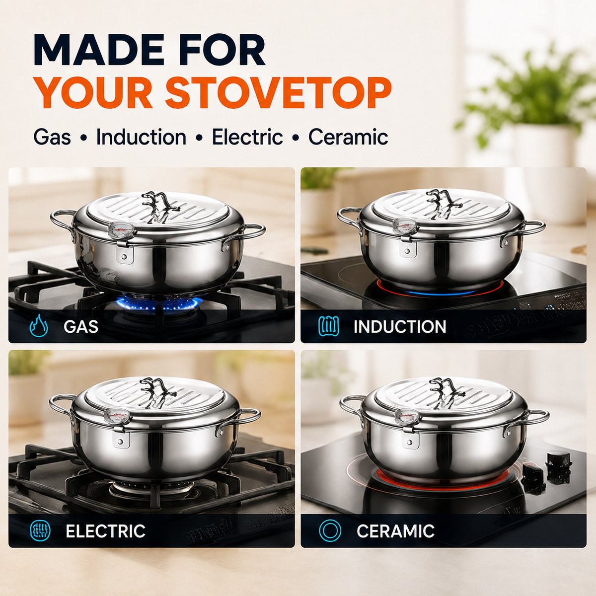 🍗304 Stainless Steel Stovetop Deep Fryer Pot – With Thermometer