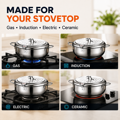 🍗304 Stainless Steel Stovetop Deep Fryer Pot – With Thermometer
