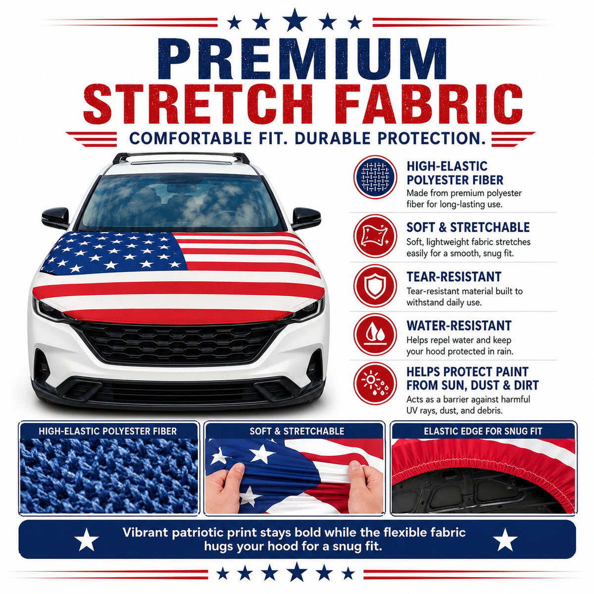 🇺🇸 Universal American Hood Flag Cover 🔥 Fits Most Cars, SUVs & Pickups🦅