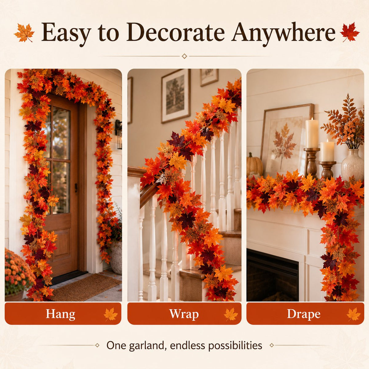 🍁 Artificial Maple Leaf Garland – Fall Autumn Decoration Vine