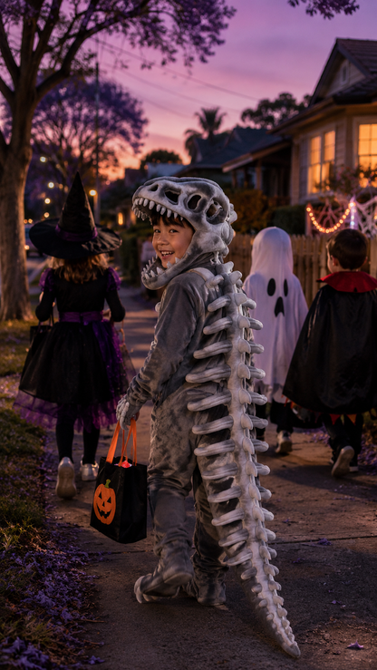 Dinosaur Skeleton Costume — Movable Jaw & Plush Tail (Ages 3-10)