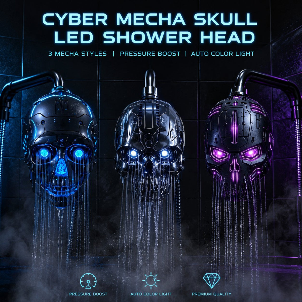 💀 Cyber Mecha Skull Color Changing LED Pressure Boost Shower Head