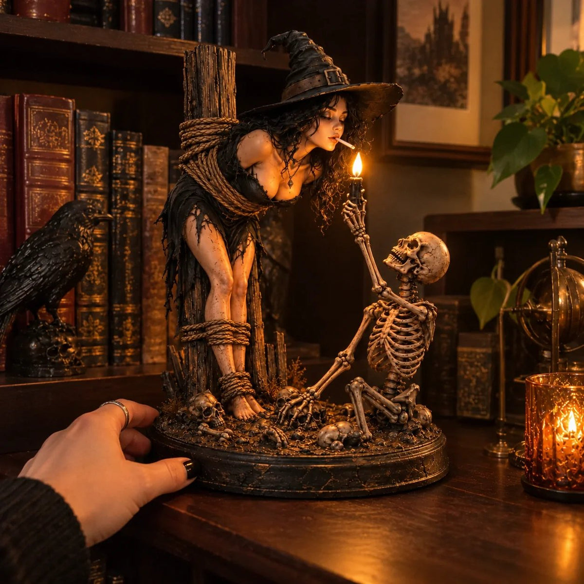 🧙 🔥Witch & Skeleton Candle Scene Figurine – Dark Gothic Halloween Tabletop Decor