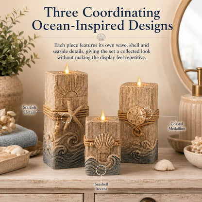 Coastal Wooden LED Candle Decor Set of 3 – Flameless Seashell Glow with Remote & Timer
