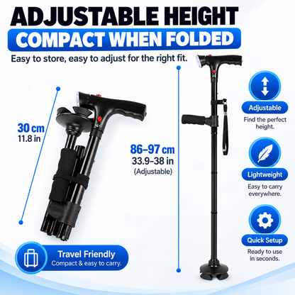 🦯LIMITED-TIME 50% OFF! 💡 Multifunction Folding Walking Cane – Built-In Light, Emergency Alarm, Quad Base & 5-Level Height Adjustment✨