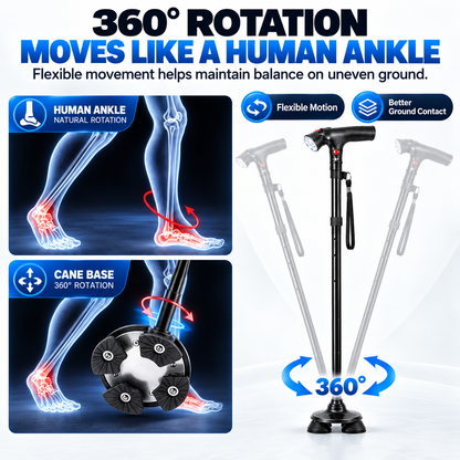 🦯LIMITED-TIME 50% OFF! 💡 Multifunction Folding Walking Cane – Built-In Light, Emergency Alarm, Quad Base & 5-Level Height Adjustment✨