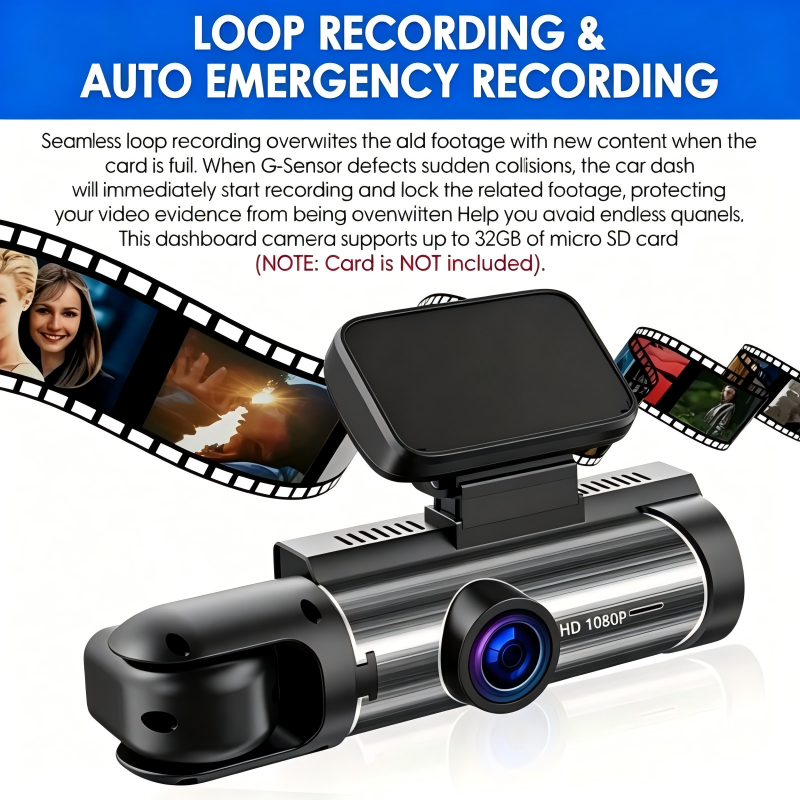 FHD 1080P Dual Lens Dash Cam, 3.16" IPS Touch Screen, Loop Recording, G-Sensor Emergency Lock, Front & Inside Simultaneous Recording