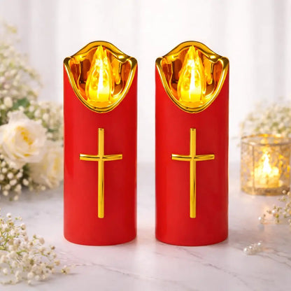 🕯️Flameless Pillar LED Candle with Gold Cross✝️Set of 2