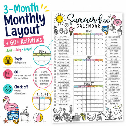 🌞 Summer Fun Bucket List Calendar Poster | Kids Summer Activity Tracker
