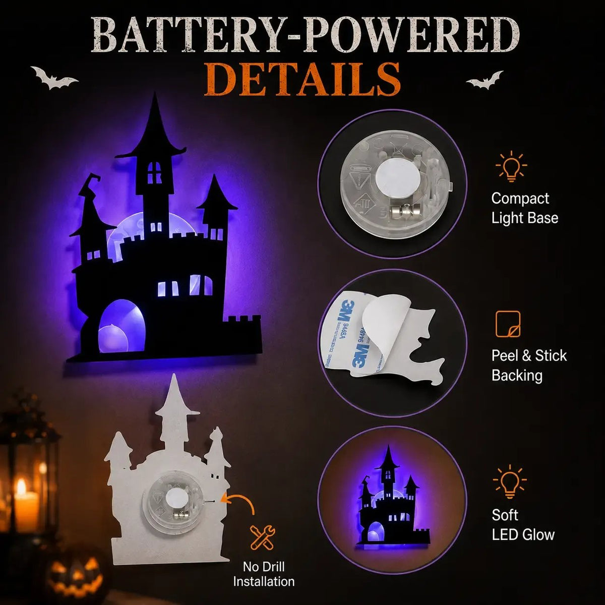 🎃Halloween LED Silhouette Wall Stickers – 🖤Spooky Peel & Stick Light-Up Decor