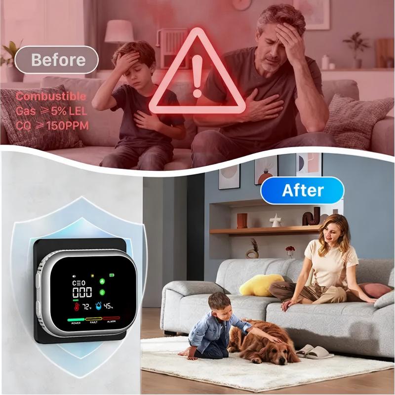 6 in 1 Smart Home Safety Detector for CO Gas Smoke Temperature and Humidity