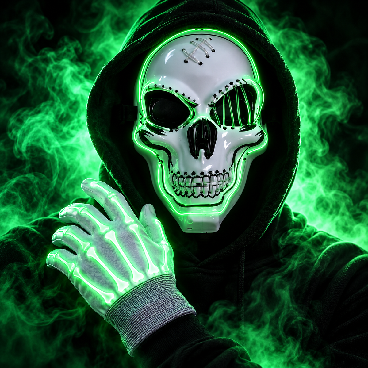 Neon Skull LED Mask & Gloves Set