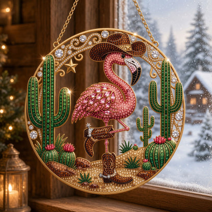 Western Cowgirl Flamingo Diamond Art Hanging Ornament Kit