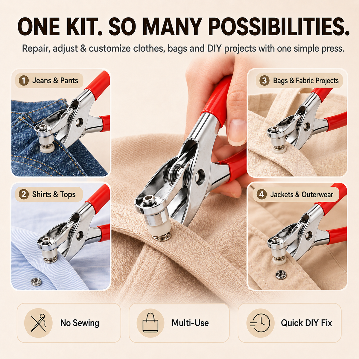 Seamless Stitching Sewing Kit-100Pcs Invisible Colored Metal Buckle & Manual Pressure Pliers 🔧