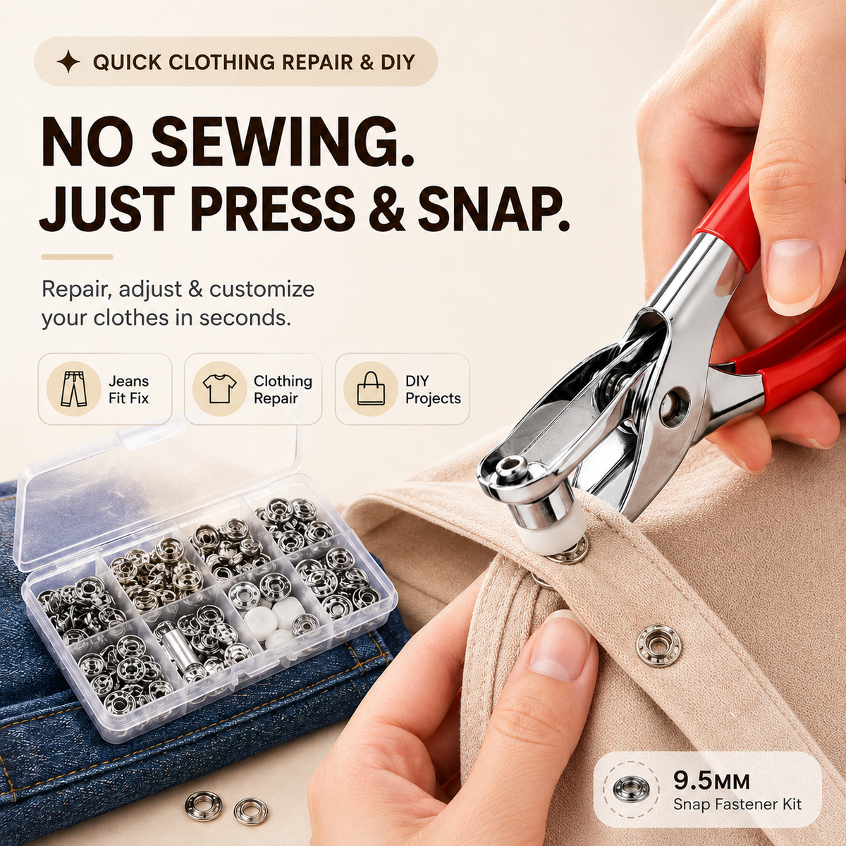 Seamless Stitching Sewing Kit-100Pcs Invisible Colored Metal Buckle & Manual Pressure Pliers 🔧