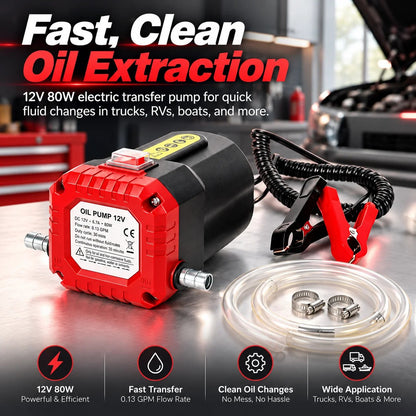 12V 80W Electric Oil Extractor Pump – Engine Oil & Gear Oil Transfer Kit with Hoses