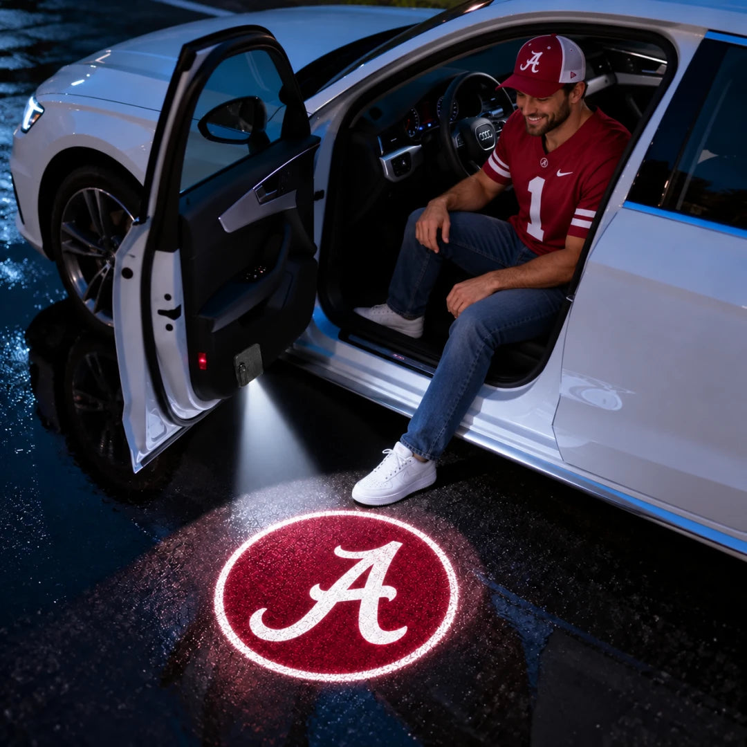 College football projector light beside an open car door — lifestyle example