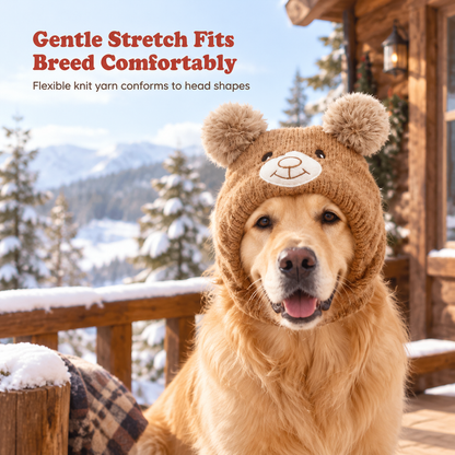 🐶 Plush Dog Winter Hat – Warm Ribbed Knit Hood with Double Pom-Poms