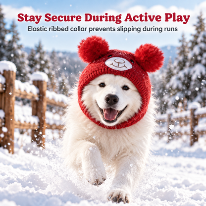 🐶 Plush Dog Winter Hat – Warm Ribbed Knit Hood with Double Pom-Poms
