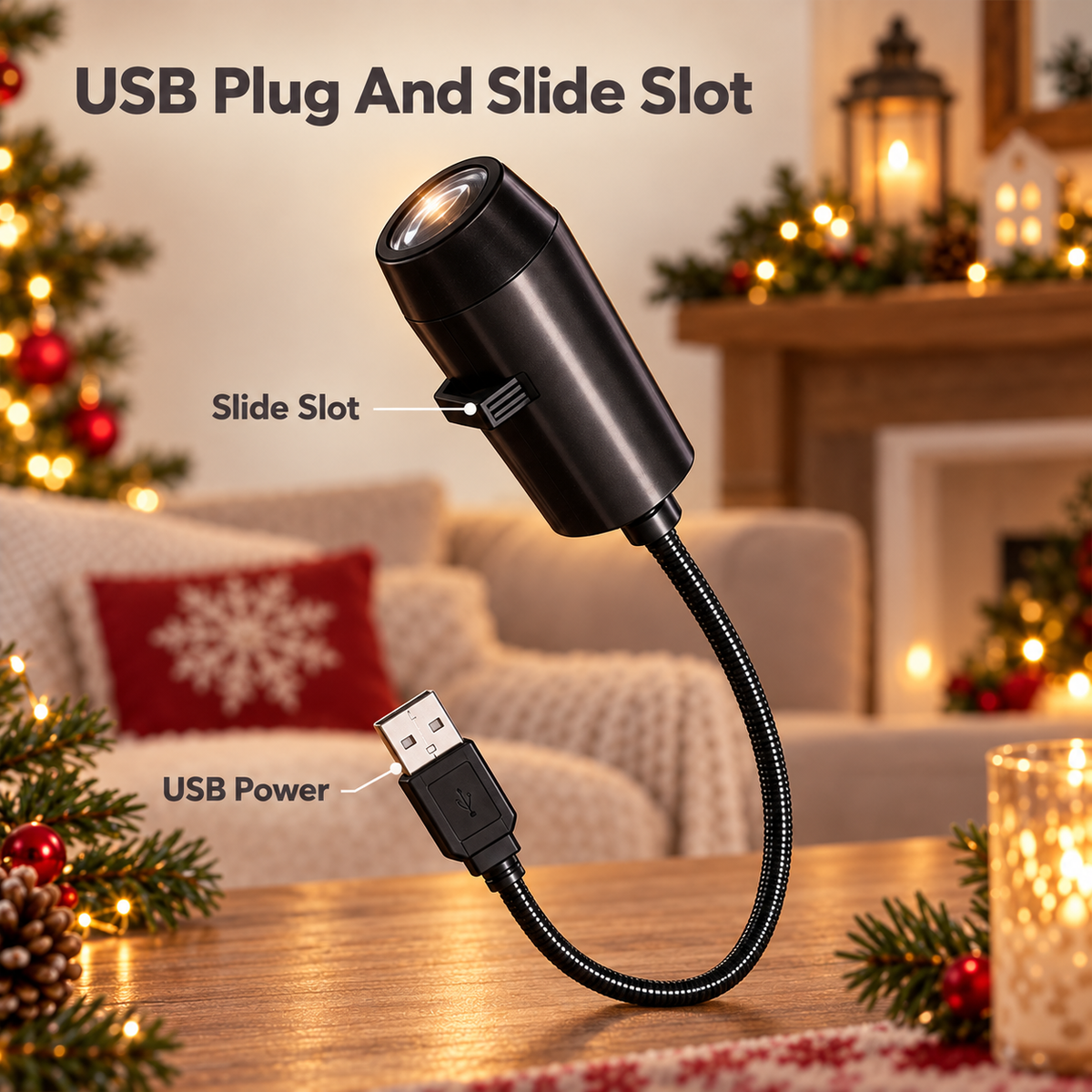 USB connector and slide slot on the Christmas projector